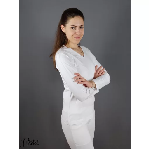 Dámske tričko s dlhým rukávom a výstrihom do V - Biela -  S