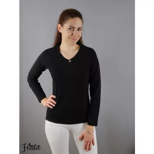 Dámske tričko s dlhým rukávom a výstrihom do V - Čierna