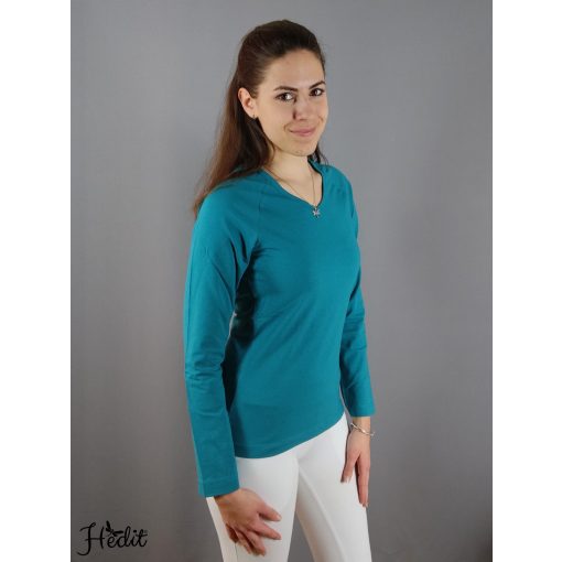 Dámske tričko s dlhým rukávom a výstrihom do V - Tmavo tyrkysová -  M